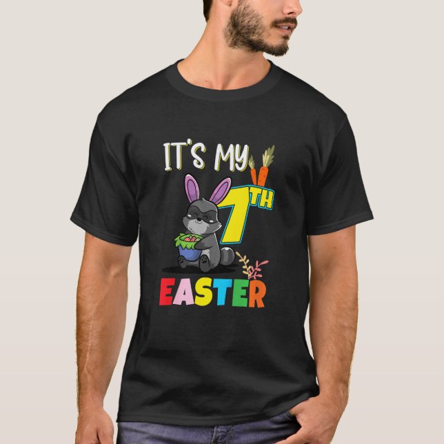 Kids Easter Egg Hunt 7th Birthday Cute Easter Racc T-Shirt (Front)