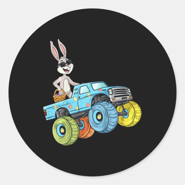 Kids Easter Rabbit Riding Monster Truck Fun Boys G Classic Round Sticker (Front)