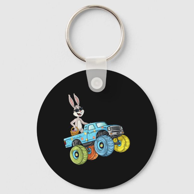Kids Easter Rabbit Riding Monster Truck Fun Boys G Keychain (Front)