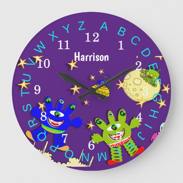 Kids Educational Outer Space Monsters Personalized Large Clock (Front)