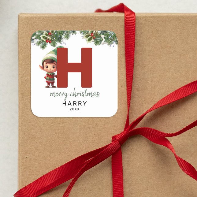 Kids Elf Initial H Christmas Square Sticker (Creator Uploaded)