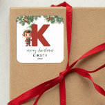 Kids Elf Initial K Christmas Square Sticker<br><div class="desc">Give the gift of personalized charm this Christmas! Our monogram stickers,  featuring Santa's elf hiding behind the letter K,  are a unique and thoughtful way to show your love. Customize with a name,  year and a heartfelt greeting. Make your Christmas gifts stand out!</div>