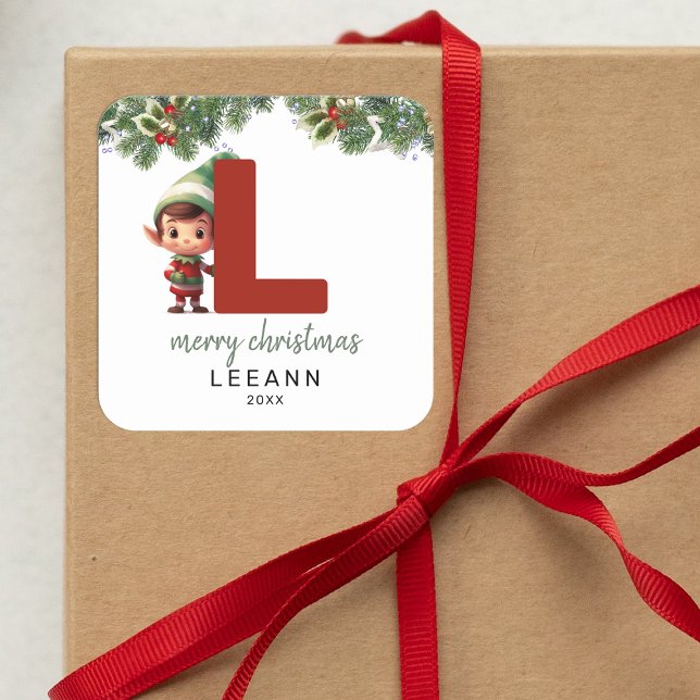 Kids Elf Initial L Christmas Square Sticker (Creator Uploaded)