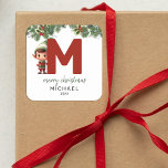 Kids Elf Initial M Christmas Square Sticker<br><div class="desc">Give the gift of personalized charm this Christmas! Our monogram stickers,  featuring Santa's elf hiding behind the letter M,  are a unique and thoughtful way to show your love. Customize with a name,  year and a heartfelt greeting. Make your Christmas gifts stand out!</div>