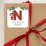 Kids Elf Initial N Christmas Square Sticker<br><div class="desc">Give the gift of personalized charm this Christmas! Our monogram stickers,  featuring Santa's elf hiding behind the letter N,  are a unique and thoughtful way to show your love. Customize with a name,  year and a heartfelt greeting. Make your Christmas gifts stand out!</div>
