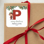 Kids Elf Initial P Christmas Square Sticker<br><div class="desc">Give the gift of personalized charm this Christmas! Our monogram stickers,  featuring Santa's elf hiding behind the letter P,  are a unique and thoughtful way to show your love. Customize with a name,  year and a heartfelt greeting. Make your Christmas gifts stand out!</div>