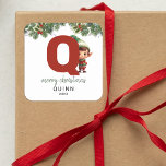 Kids Elf Initial Q Christmas Square Sticker<br><div class="desc">Give the gift of personalized charm this Christmas! Our monogram stickers,  featuring Santa's elf hiding behind the letter Q,  are a unique and thoughtful way to show your love. Customize with a name,  year and a heartfelt greeting. Make your Christmas gifts stand out!</div>