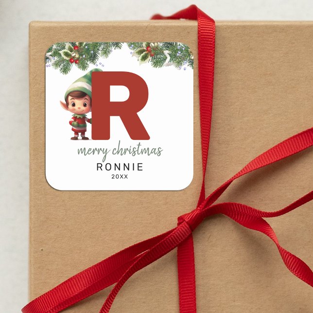 Kids Elf Initial R Christmas Square Sticker (Creator Uploaded)