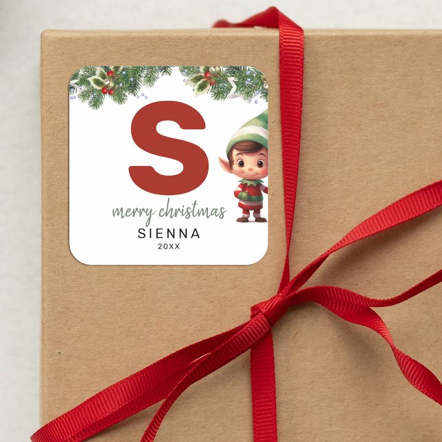 Kids Elf Initial S Christmas Square Sticker (Creator Uploaded)