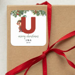 Kids Elf Initial U Christmas Square Sticker<br><div class="desc">Give the gift of personalized charm this Christmas! Our monogram stickers,  featuring Santa's elf hiding behind the letter U,  are a unique and thoughtful way to show your love. Customize with a name,  year and a heartfelt greeting. Make your Christmas gifts stand out!</div>