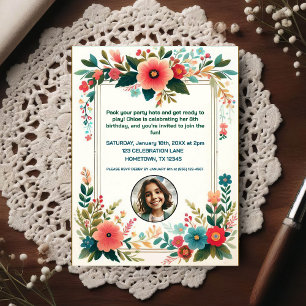 Kid's Enchanted Floral Photo Birthday Invitation Postcard