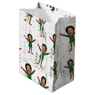 Kid's Face & Name Elf Christmas Funny Pattern Medium Gift Bag