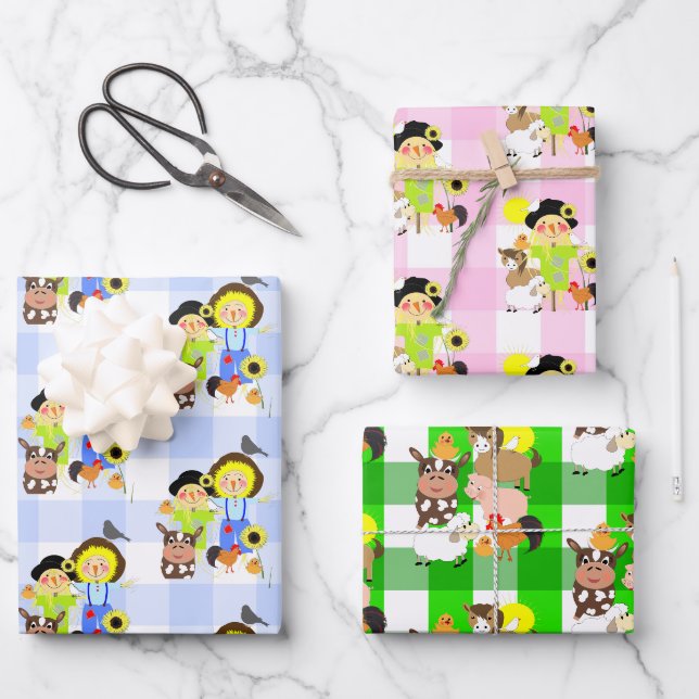 Kids Farm Animals Scarecrows Gingham Plaid Cute Wrapping Paper Sheet (Front)