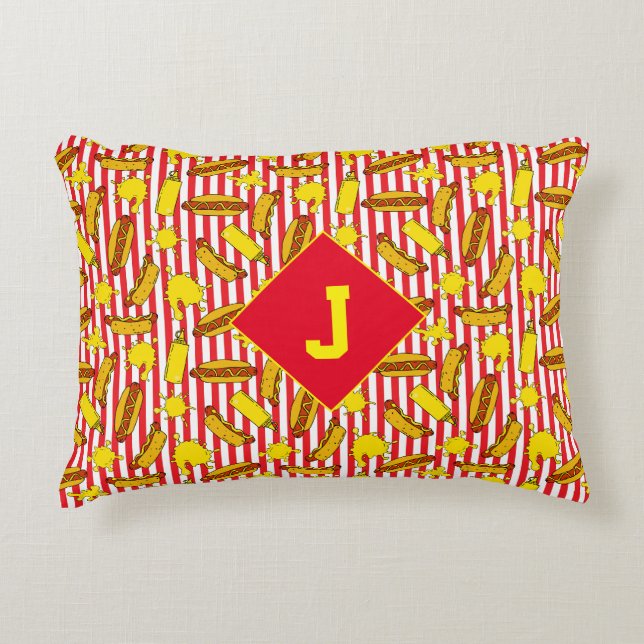 Kids Fast Food Hot Dogs and Mustard Red Striped Accent Pillow (Front)