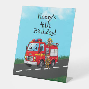Kid's Fire Truck Birthday Party Pedestal Sign
