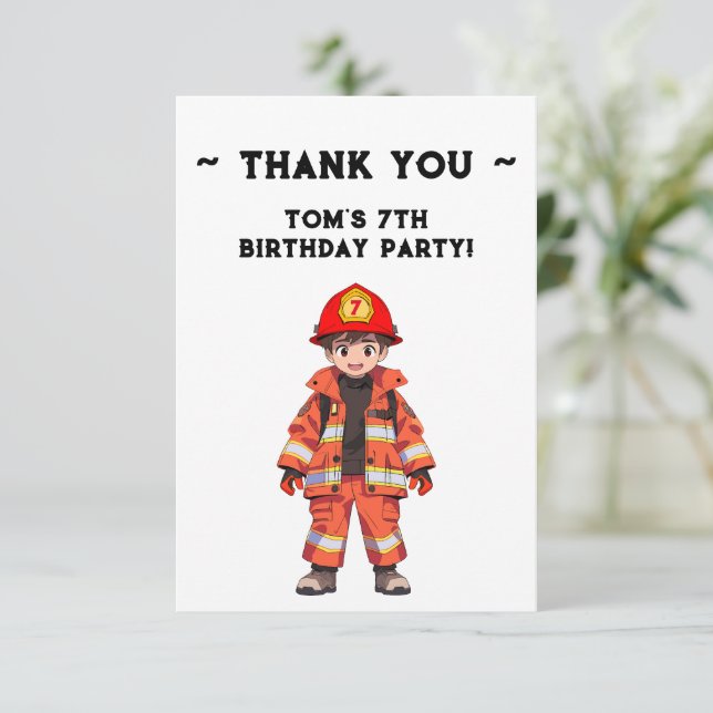 Kids Firefighter Themed Birthday Party  Thank You Card (Standing Front)