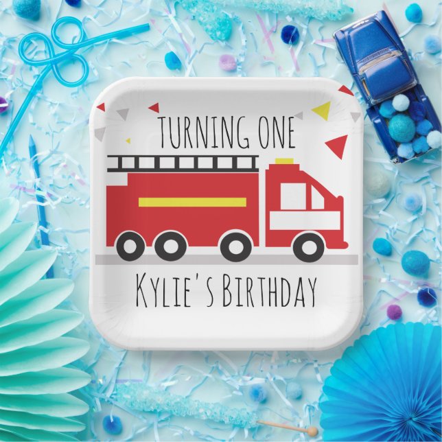 Kids Firetruck Fun Confetti Birthday Name   Paper Plate (Party)