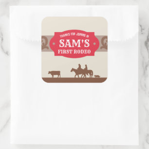 Kids FIrst Rodeo Red/Brown Western Birthday Party Square Sticker
