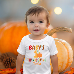 Kids First Thanksgiving Pumpkin Name Funny Baby T-Shirt