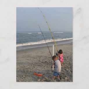 Kids fishing at the beach postcard