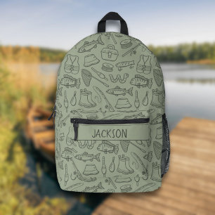 Kids Fishing Hiking Camping Boy Name Sage Green Printed Backpack