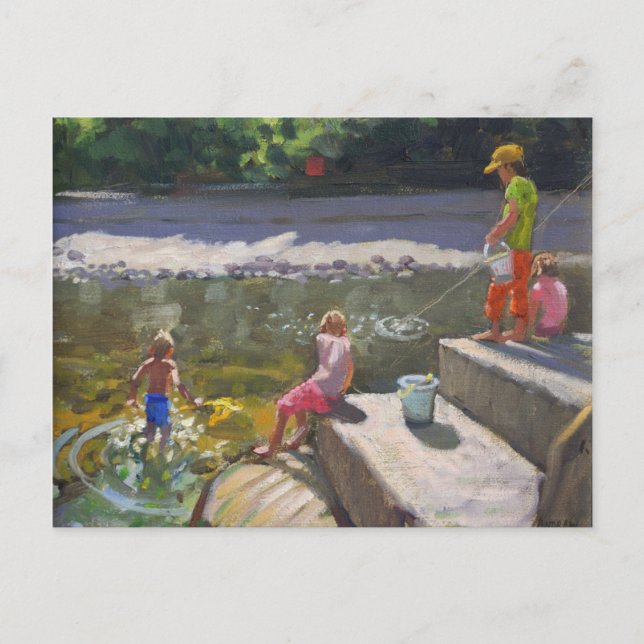 Kids fishing Looe Cornwall 2014 Postcard (Front)