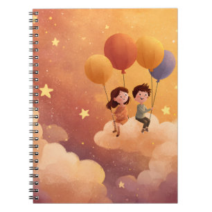 Kids Floating on Balloons Through Sunset Clouds Notebook
