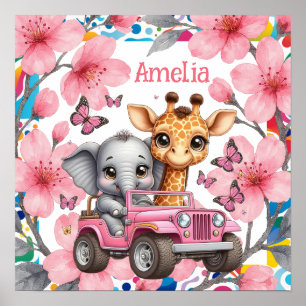Kids Floral Baby Jungle Animals & Name Nursery Poster