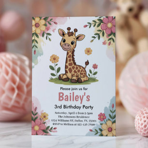 Kids Floral Giraffe Jungle 3rd Birthday Party Invitation