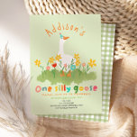 Kids Floral Green One Silly Goose First Birthday Invitation<br><div class="desc">This cute and fun kids 1st birthday invitation design features one silly goose with a party hat in a field of flowers, and can be personalized with all the information you need for your child's first party in cute and colourful typography. The invite also features a matching green gingham pattern...</div>