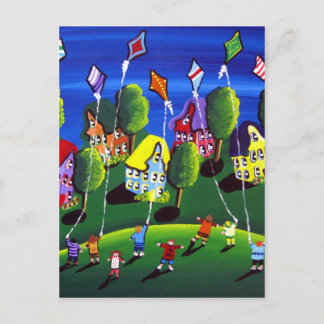 Kids Flying Kites Folk Art Postcard