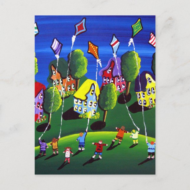 Kids Flying Kites Folk Art Postcard (Front)