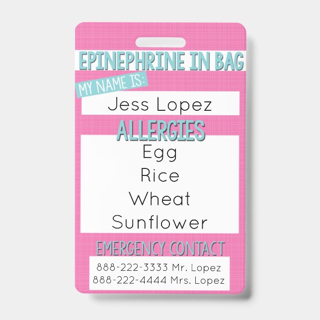 Kids Food Allergy Medical Alert Tag - Badge (Front)