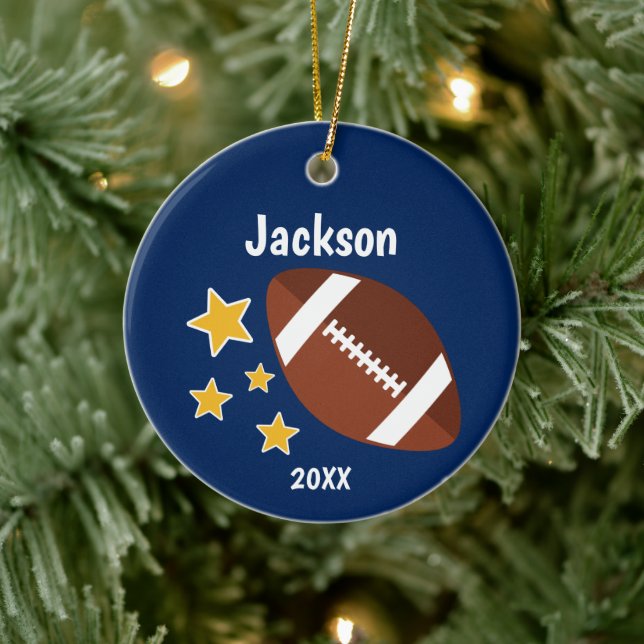 Kids Football Stars Blue Personalized Ceramic Ornament (Tree)