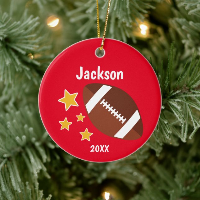 Kids Football Stars Red Personalized Ceramic Ornament (Tree)