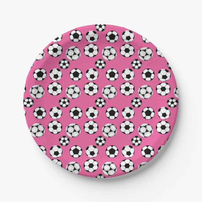Kids football theme party soccer balls pink paper plate (Front)