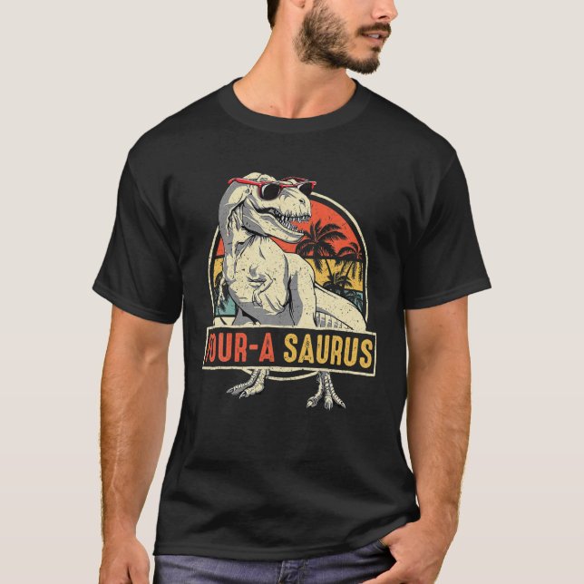 Kids Four A Saurus Birthday T Rex 4 Year Old Dinos T-Shirt (Front)