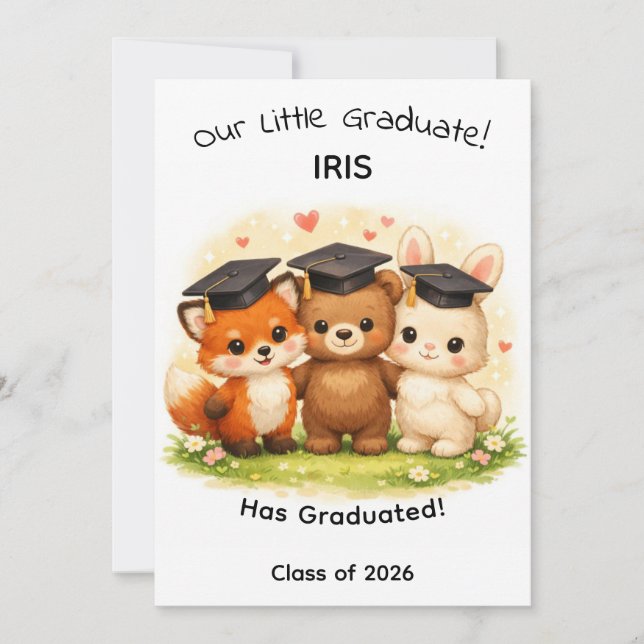 Kids Fox Bear Bunny Woodland Graduation Card (Front)