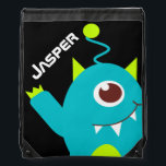 Kids friendly alien teal green name drawstring bag<br><div class="desc">Bold graphic one eyed friendly teal aqua and lime green alien waving bag on a black background. Ideal for children to take to school or for sleep overs and trips out. Personalize with your kids name currently reads Jasper. Original art and design by Sarah Trett.</div>