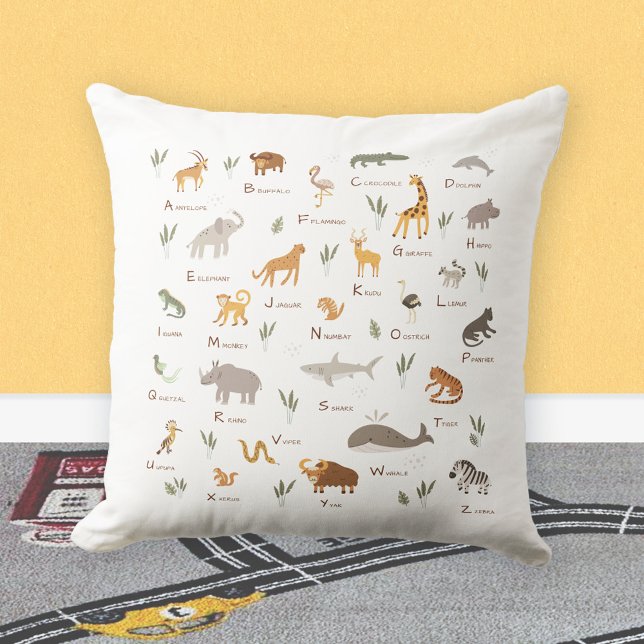 Kids' Fun ABC Animal Throw Pillow (Learn ABC Letters Children Jungle Safari Animals Throw Pillow©Susanne Sachers - Sunny Mind Design 🌞)