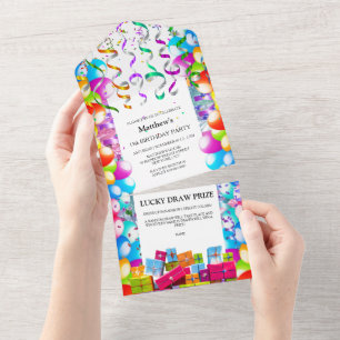Kids fun balloon streamers party celebration all in one invitation