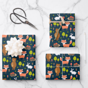 Kids Fun Forest Animals Bunny Rabbit Fox Bear Wrapping Paper Sheet