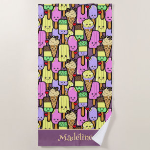 Kids Funny Kawaii Food Cartoon Characters Beach Towel