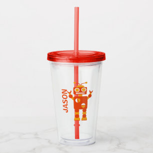 Kids Funny Orange Robot Personalized Boys Acrylic Tumbler