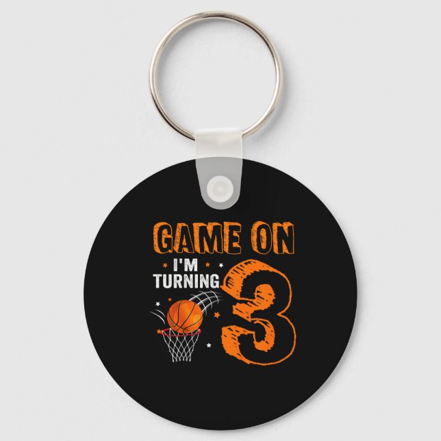 Kids Game On I'm Turning 3 Basketball 3rd Birthday Keychain (Front)