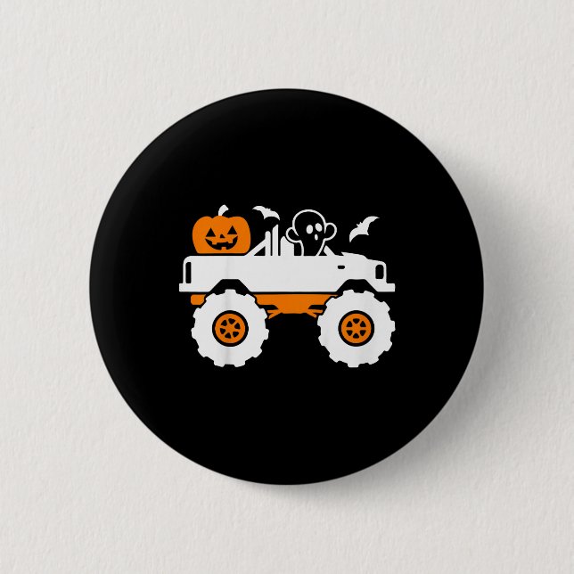 Kids Ghost Pumpkin Riding Monster Truck Lazy Hallo 2 Inch Round Button (Front)