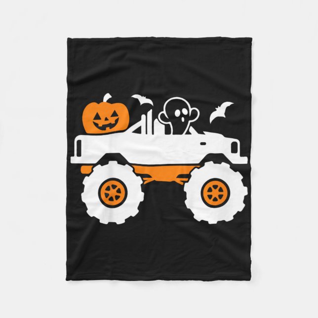 Kids Ghost Pumpkin Riding Monster Truck Lazy Hallo Fleece Blanket (Front)