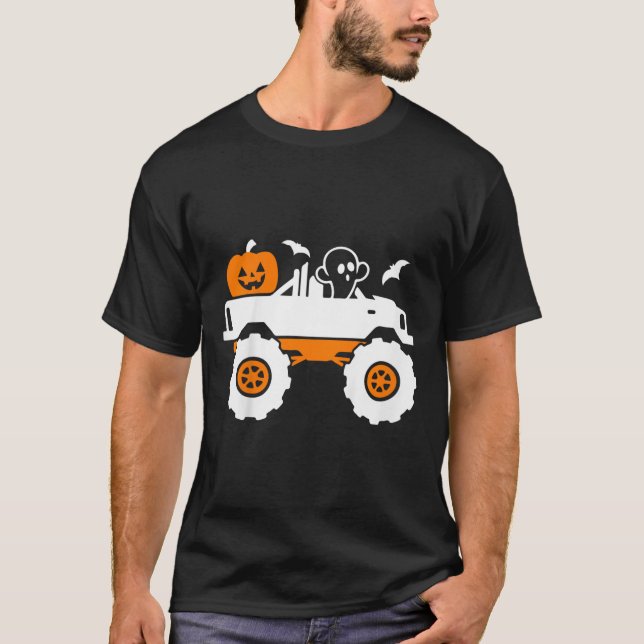 Kids Ghost Pumpkin Riding Monster Truck Lazy Hallo T-Shirt (Front)