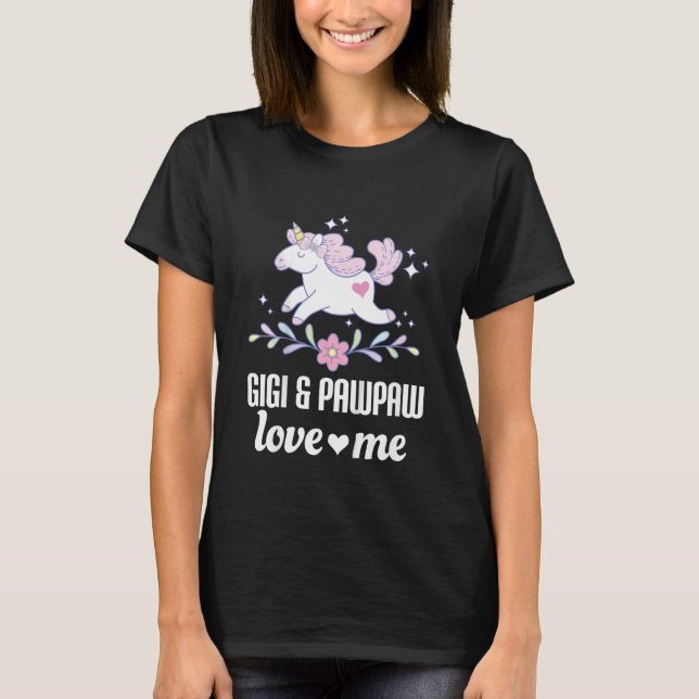 Kids Gigi and Pawpaw Love Me Grandchild Unicorn T-Shirt (Front)