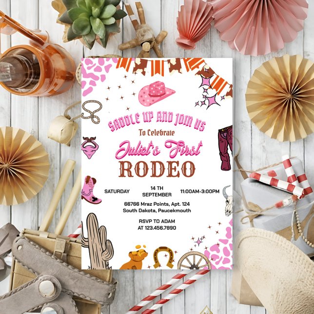 Kids Girl Rounded First Rodeo 1st Party Birthday Invitation (Creator Uploaded)
